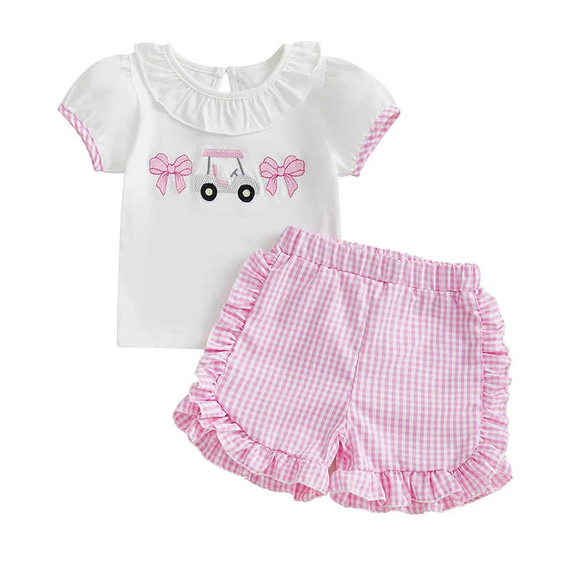 Tenue de Golf pour bébé fille de 0 à 3 ans, t-shirt à manches courtes brodé avec nœud de chariot, Short à volants à carreaux, ensemble d'été 2 pièces