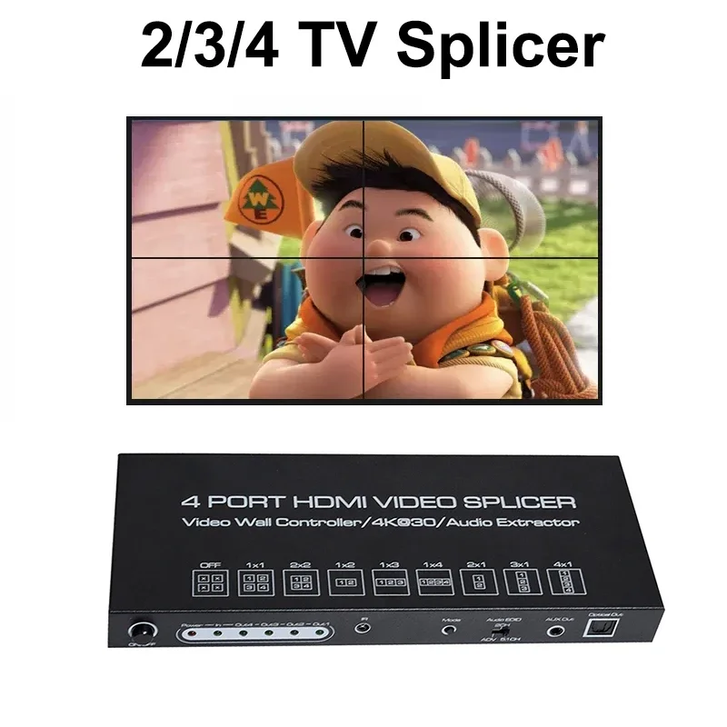 4K 2x2 Video Wall Controller Multi Screen Splicing Processor 2 3 4 TV Splicing Box 4 Port HDMI Video Splicer W/ Audio Extractor