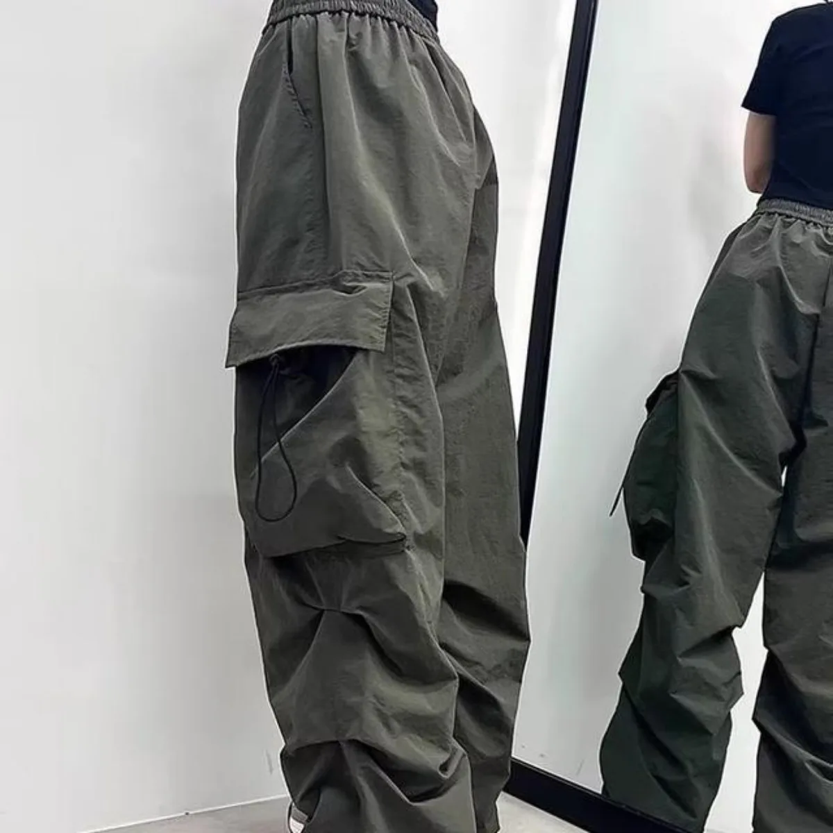 Girls' Harajuku Streetwear Fashion Straight-leg Pants Black Cool Multi-pocket High Waist Versatile Drape Loose Wide-leg Trousers