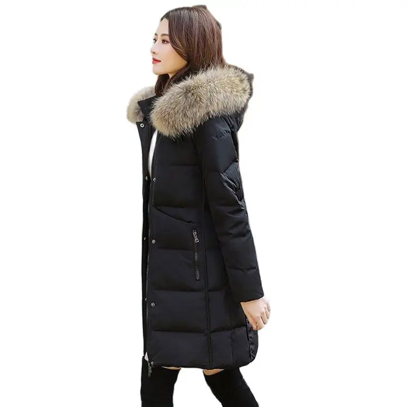 

Down Women's Long Section Real Raccoon Fur Collar Winter Fashion Hooded Loose Temperament White Duck Down Coat