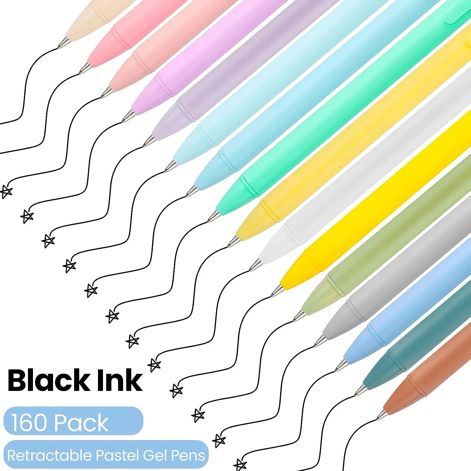 160 Pack Retractable Pastel Gel Ink Pens Bulk Quick Dry Black Ink Cute Pens 0.5 mm Fine Point Smooth Writing Ballpoint Pens