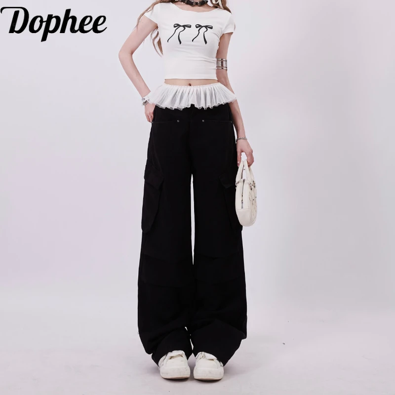 

Dophee Black Cargo Pants for Women Spring Summer Vintage Multi Pocket All-match Wide Leg Loose Spice Girls Straight Trousers