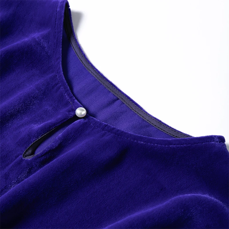 Women Silk Velvet Blouse 100% Mulberry Silk Lining Royal Blue Shirt Top Pullover Loose Type Lantern Sleeve Office Lady M1222