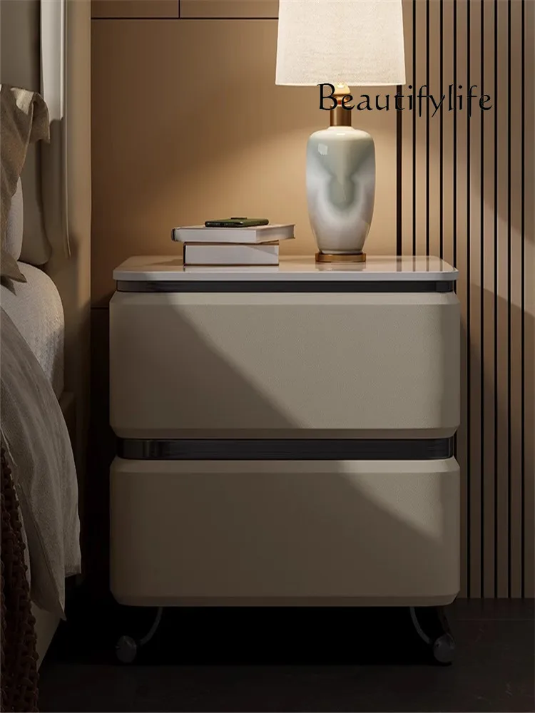 High-Grade Bedside Table Small Apartment Modern Minimalist Solid Wood Bedside Cabinet Stone Plate Light Luxury