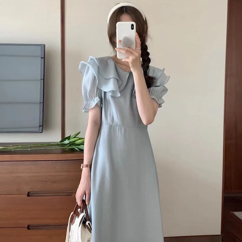 Vestido Longo F de Verão E com Gola Dobrada em Camadas, Cintura Ajustável e Mangas Bufantes em Cor Sólida