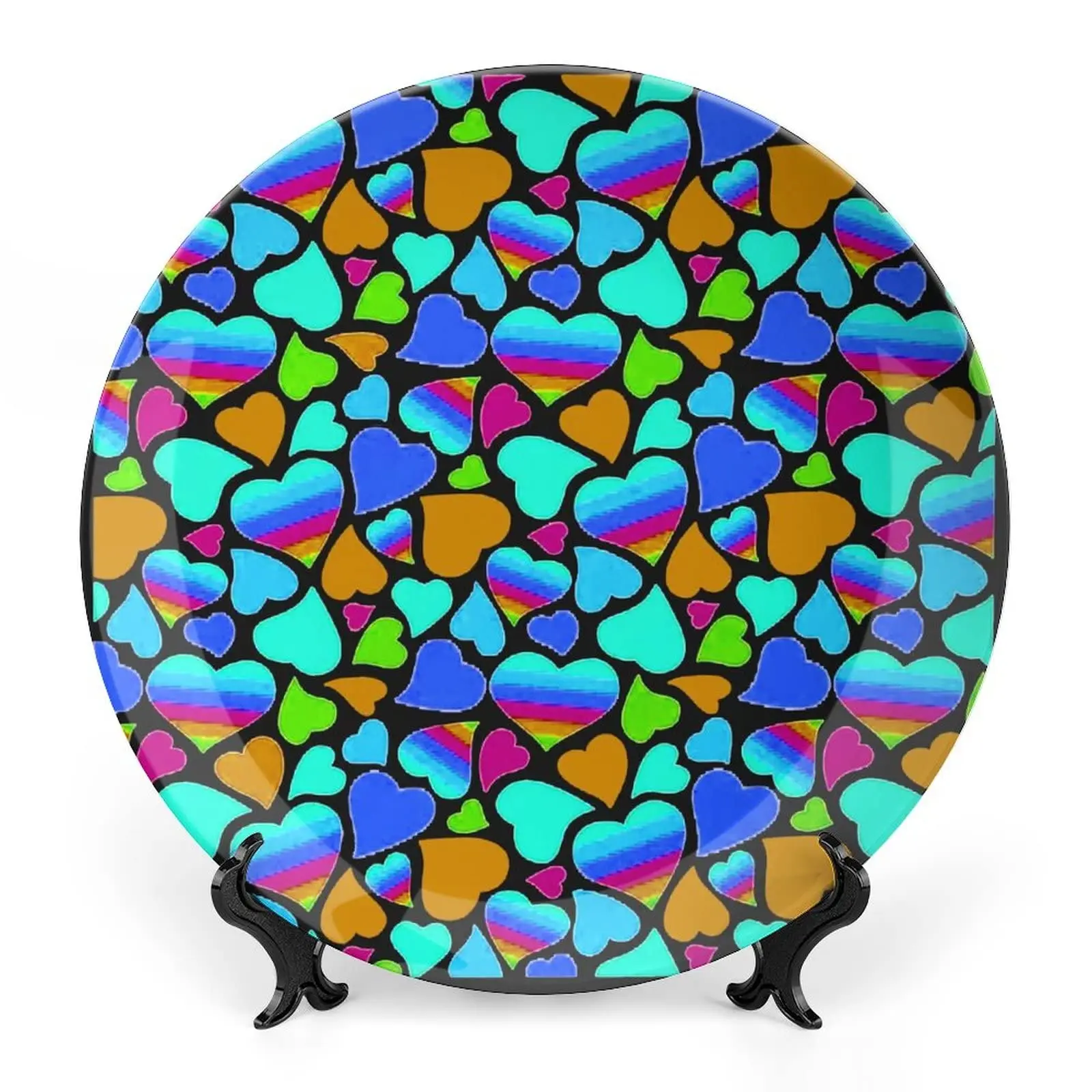 Abstract Lively Rainbow Colored Modern Art Print Ornament Display Plate Decor Accessory Ceramic Stoneware for Dining, Parties