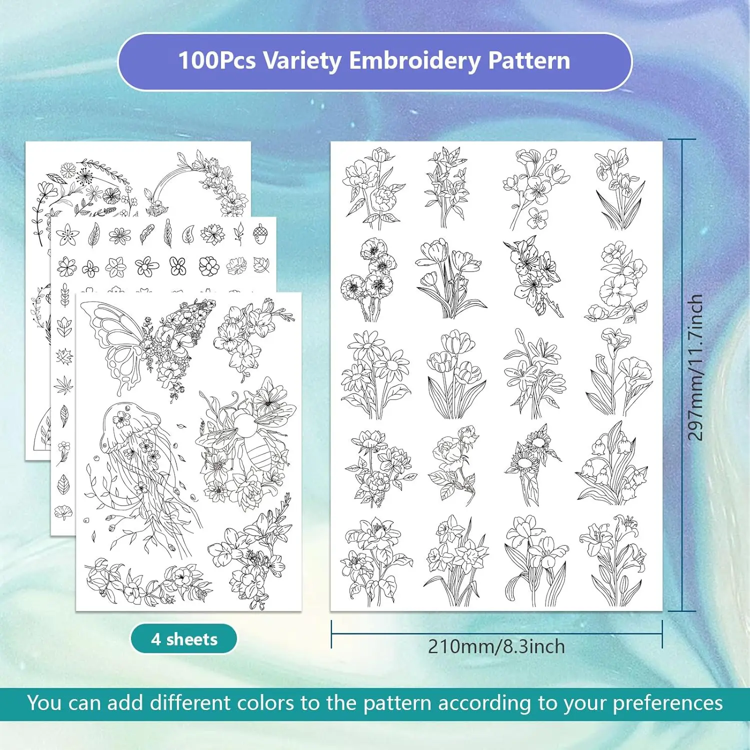 100PCS Floral Pattern Water-Soluble Embroidery Paper Set, DIY Self-Adhesive Stickers with 12 Colors Metal Threads & 16 Needles