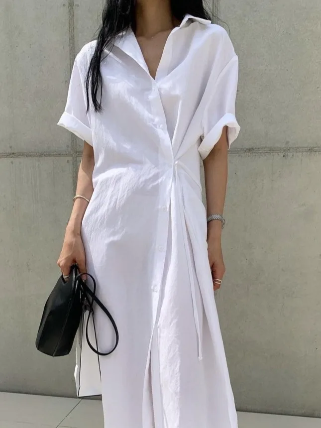 Faionable Pure Color irt Dr Dames Zomer Afslanken Zijknop Taille Cinch Ontwerp Halflange Rok Kraag Lange S...