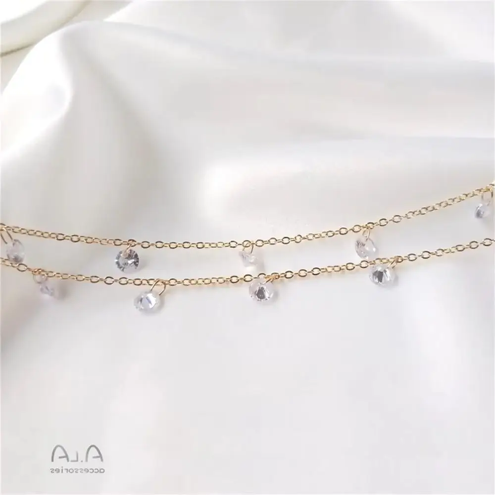 14K Gold Plated Hang zircon chain hanging flash diamond chain DIY handmade bracelet necklace O word loose chain