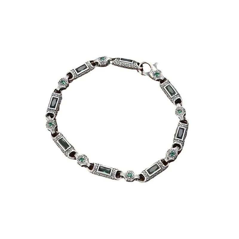 OUYADI S925 Sterling Silver Heavy Craft Tang Grass Pattern Bracelet Inlaid Multi‑color Zircon Retro Unisex Fine Jewelry