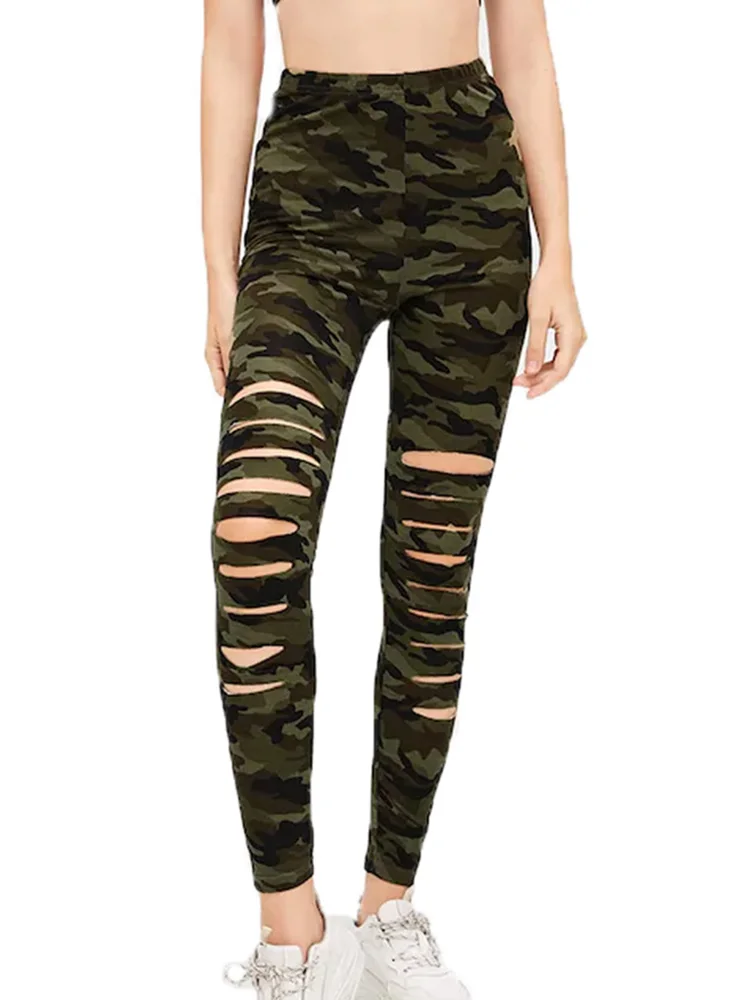 Summer Camouflage Printed Leggings Women Cutout Ripped Slim Stretch Trousers Army Green Leggins Sexy Pants