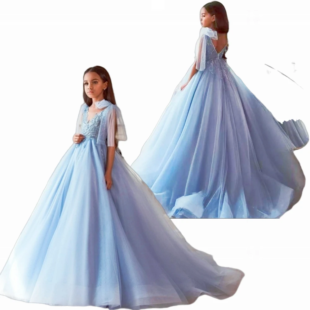 Gaun bunga anak perempuan, Dress ulang tahun, pesta, Prom, kontes, Prom, biru