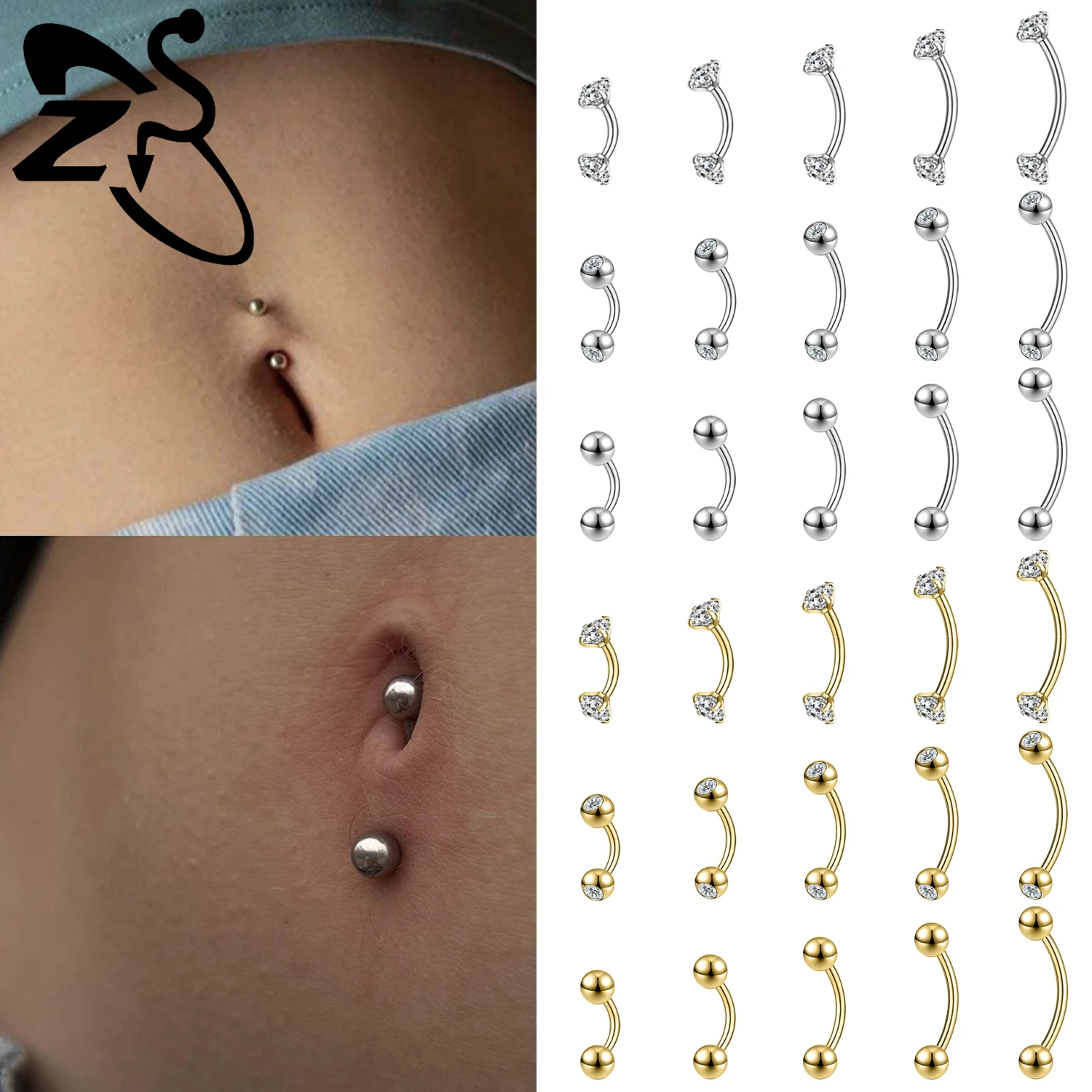 ZS 1PC Internal Thread 14/16/18G Stainless Steel Belly Button Ring 6MM-14MM Curved Navel Rings Helix Cartilage Piercings Jewelry