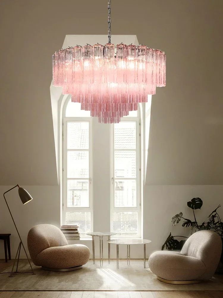 Italian Designer Vintage Texture Glass Ceiling Chandeliers Transparent Pink Home Decoration Hanging Lamps for Living Room Lustre