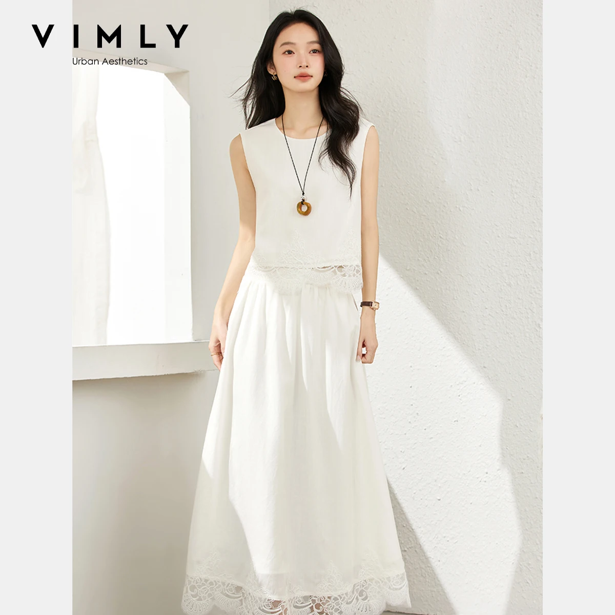 

VIMLY Lace White 2 Pieces Set Women's Summer 2025 Vacation Outfits O-neck Sleeveless Lace Patchwork Top A-line Long Skirts A2027