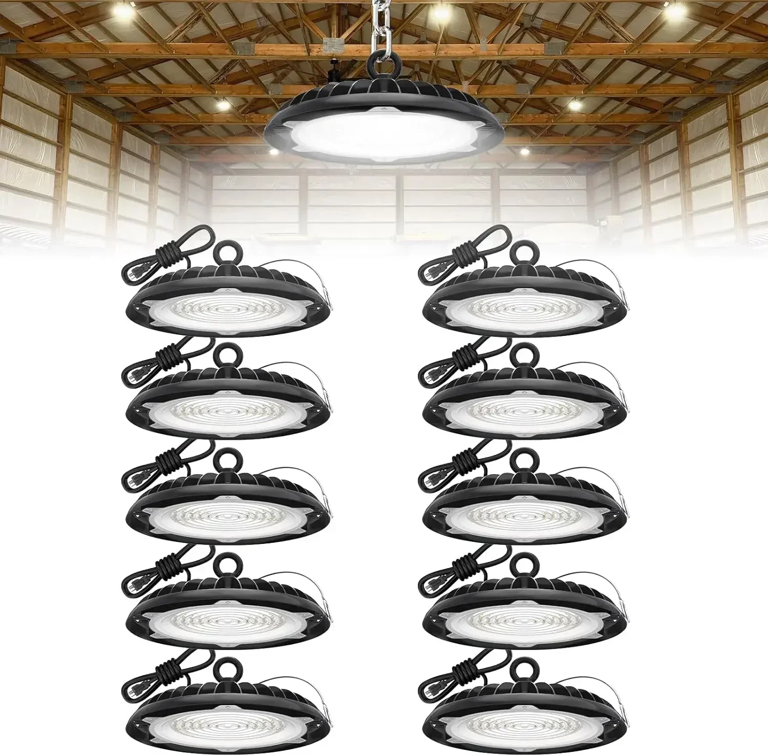 

High Bay LED Shop Lights: 10-Pack 150W UFO Light for Warehouse - UL-Listed Warehouse Lights for Barn Factory Supermarket Lighti