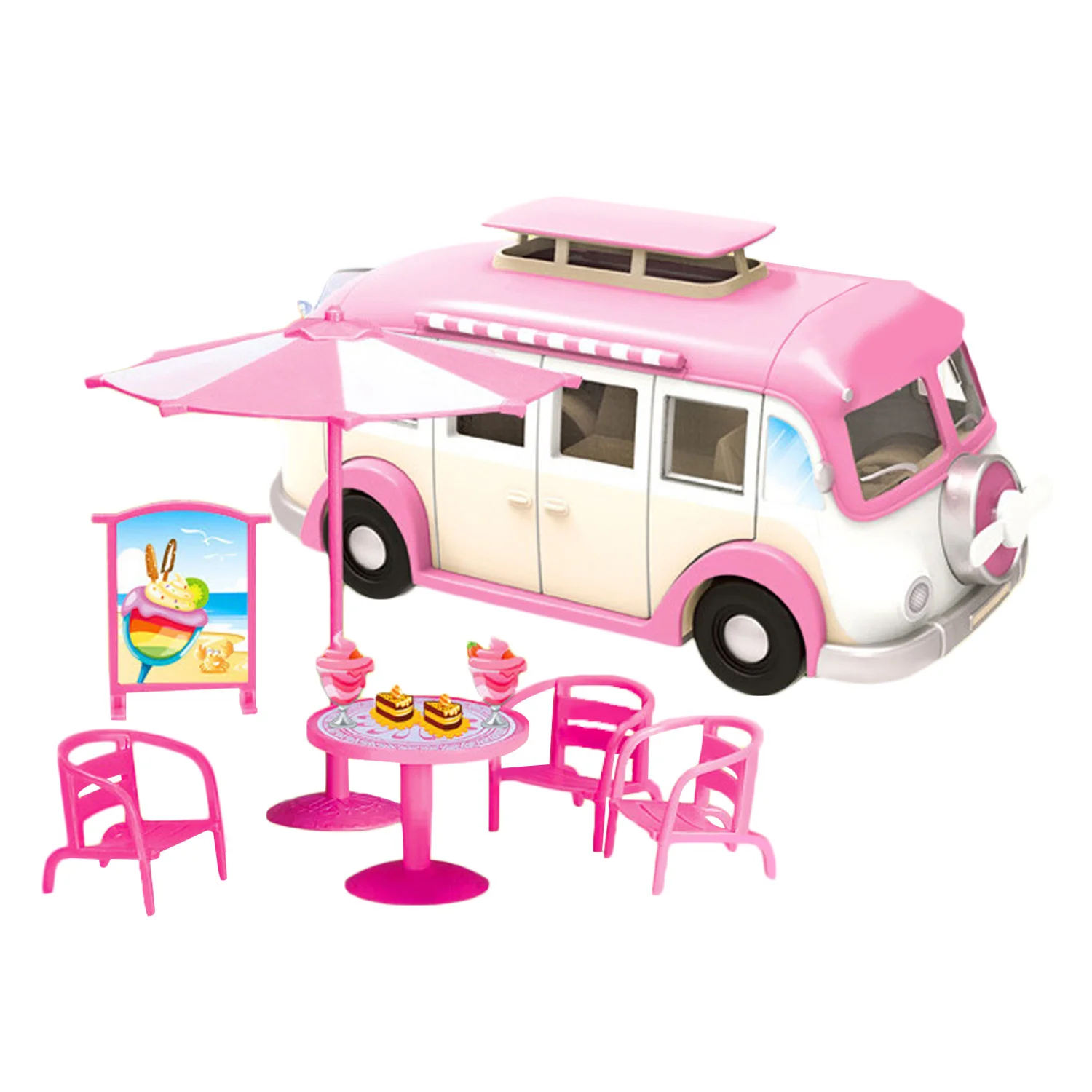 Kids Cute Mini Camper Car Simulation Plastic Pink Motorhome Vehicle Dollhouse Furniture Accessories for Barbie Pretend Play Toy