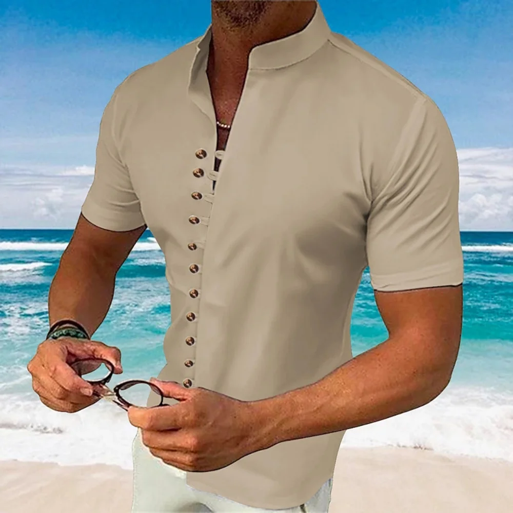 

Retro Cotton Linen Loose Casual Short Sleeve Henry Collar Shirt for Men New Style Cross-Border British Style Spring Autumn