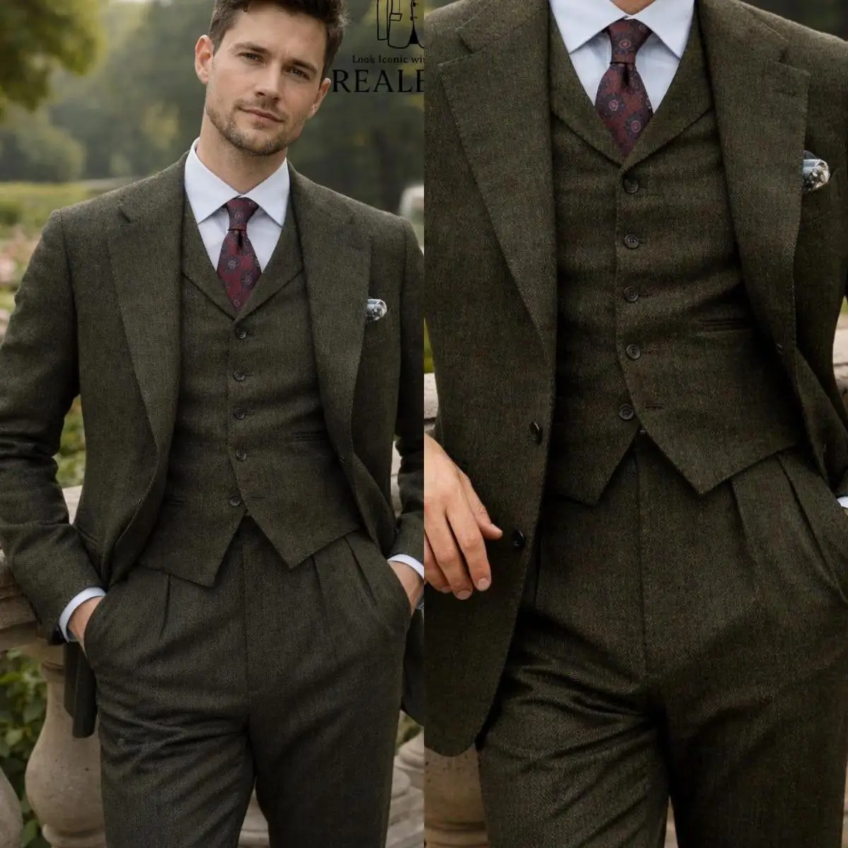 Classic Olive Green Herringbone Tweed 3-Piece Suit with Waistcoat and Notch Lapel Men Autumn Vintage Tuxedo Customized M266796