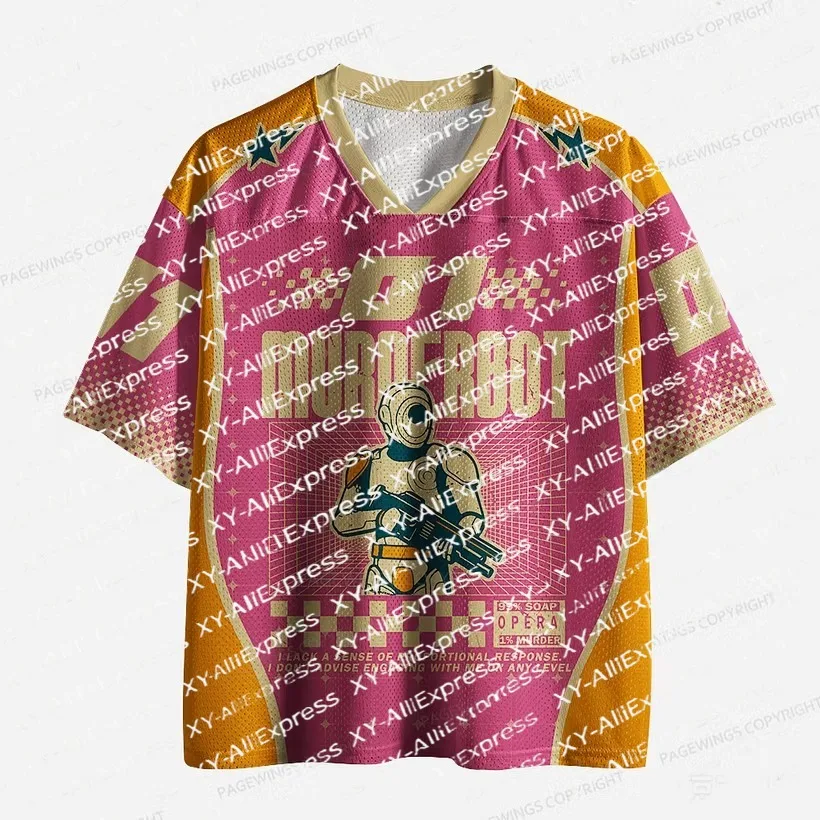 Sci-Fi Retro V-Neck Mesh Jersey, Pink Orange Color Block Short Sleeve Top, for Comic Con & Theme Event Outfits