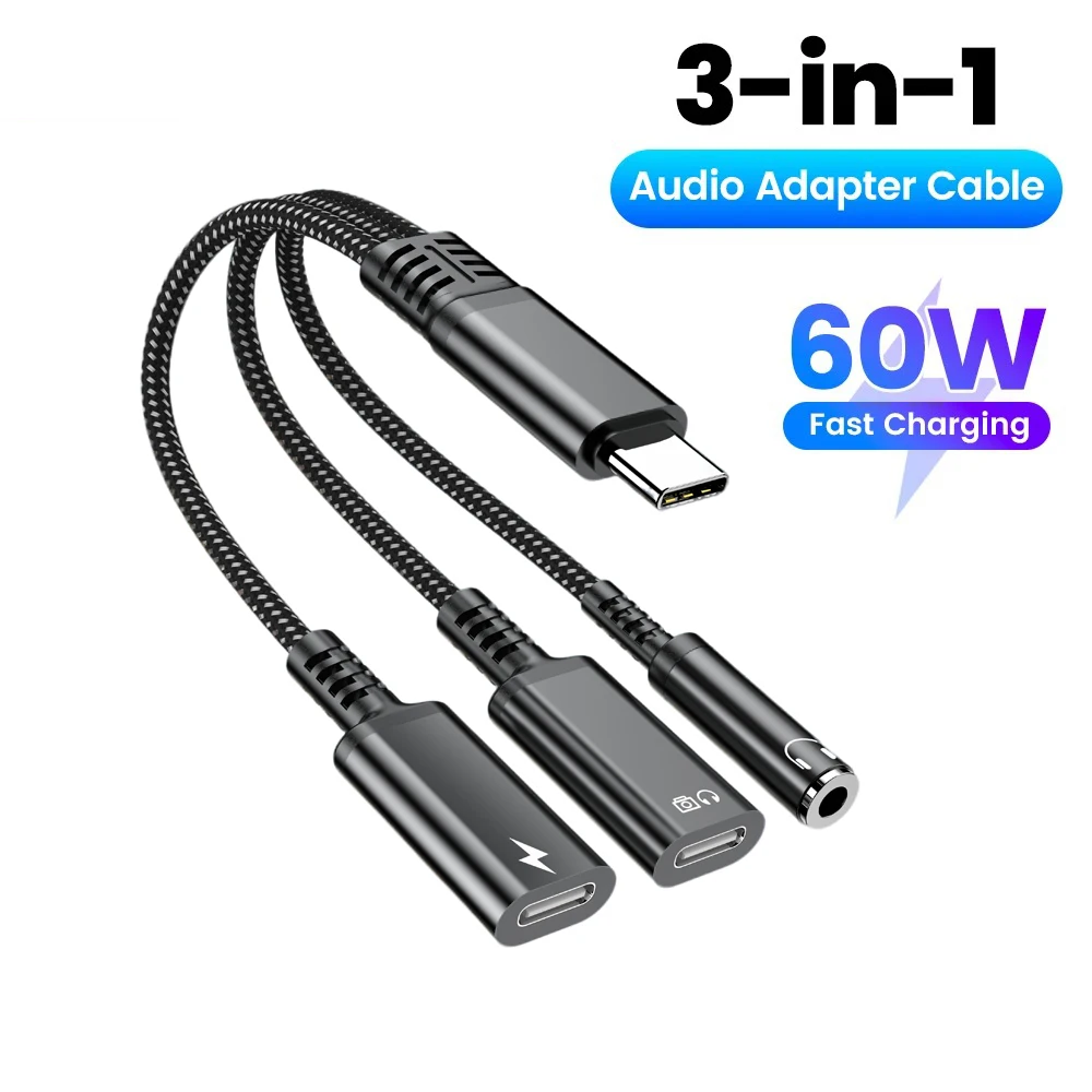 PD 60W USB Type C to 3.5mm Headphone and Charger Adapter 3-in-1 USB C to AUX Audio Jack Dongle Cable For Fast Samsung 13cm
