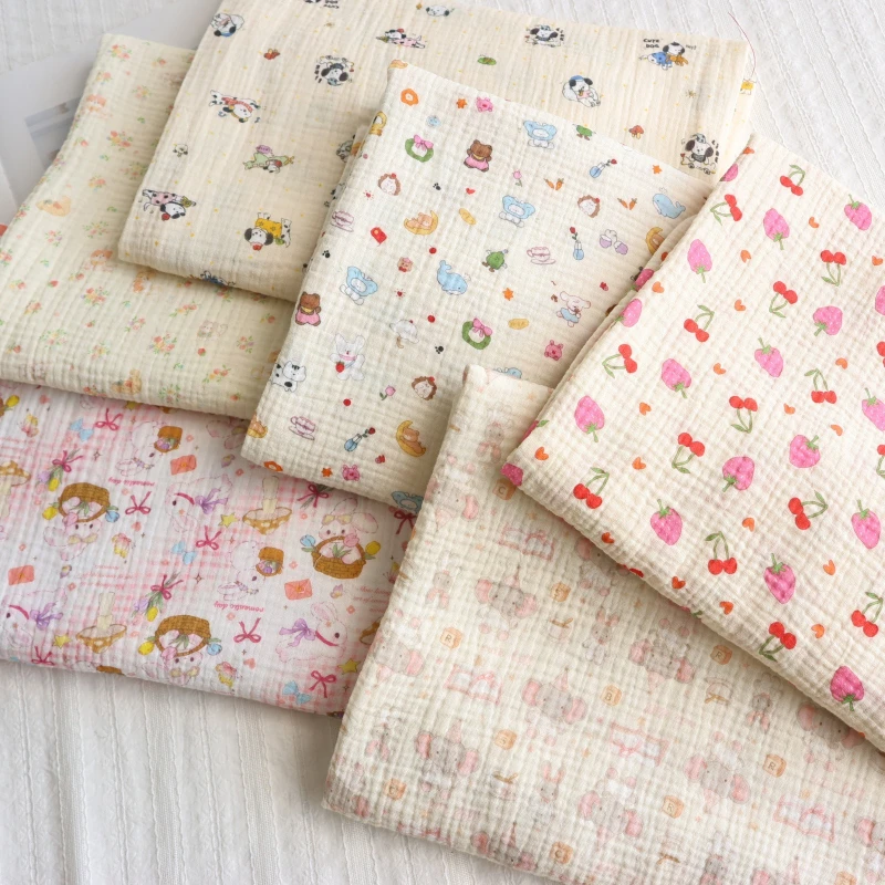0.5m/1m Cartoon Double-layer Gauze Crepe Pure Cotton Printed Cloth Soft Breath for DIY Sewing Towel,Sleeping Pant,Blanket Fabric