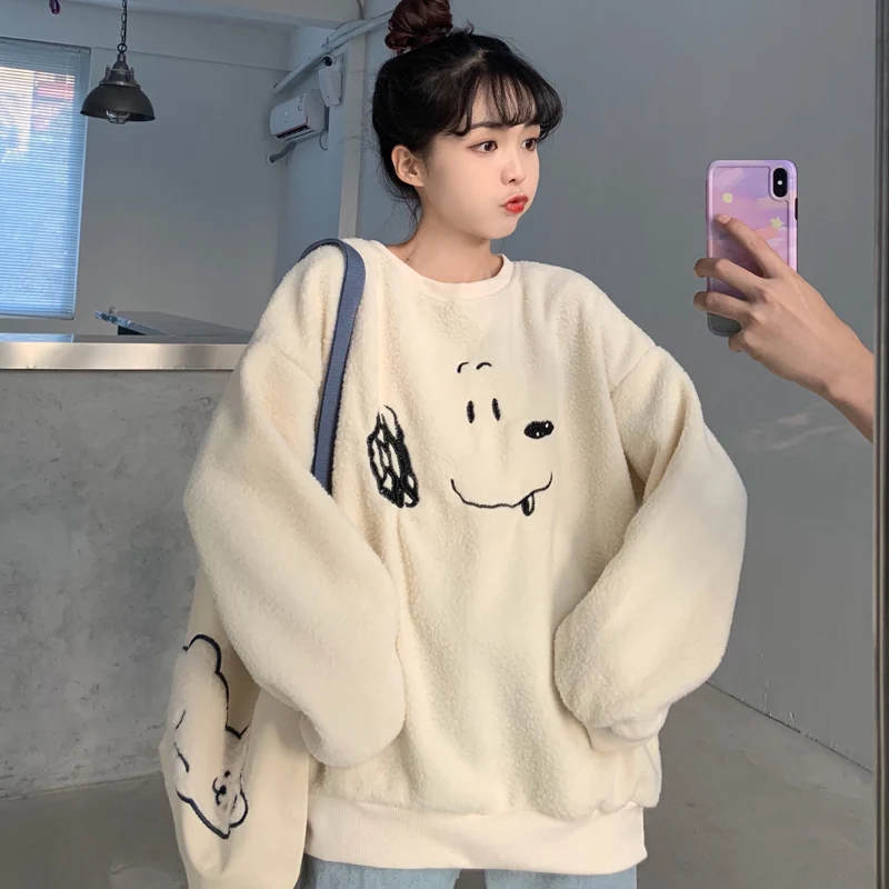 Winter New Arrivals Women Hoodie Sweatshirt Sweet Girly Style Apricot Lamb Wool Embroidery Cute Puppy Female Loose Pullover