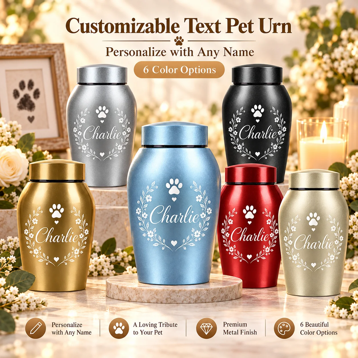 Custom Text Pet Urn Stainless Steel with Crystal Label Printing Screw Lid Sealed Memorial Ashes Container for Dog Cat Large
