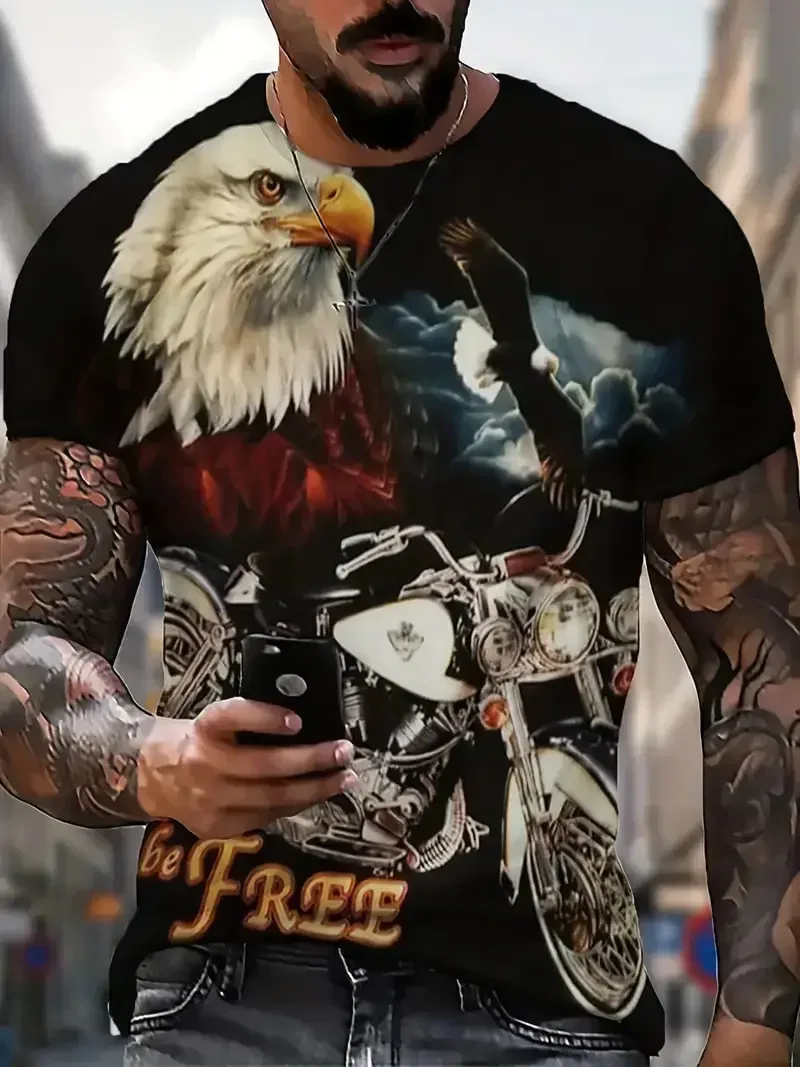 

Men's Graphic Motorcycle T-shirt, 3D Printed Retro T-shirt, Short-sleeved Round-neck, 2025 Large-sized Urban Fashion T-shirt