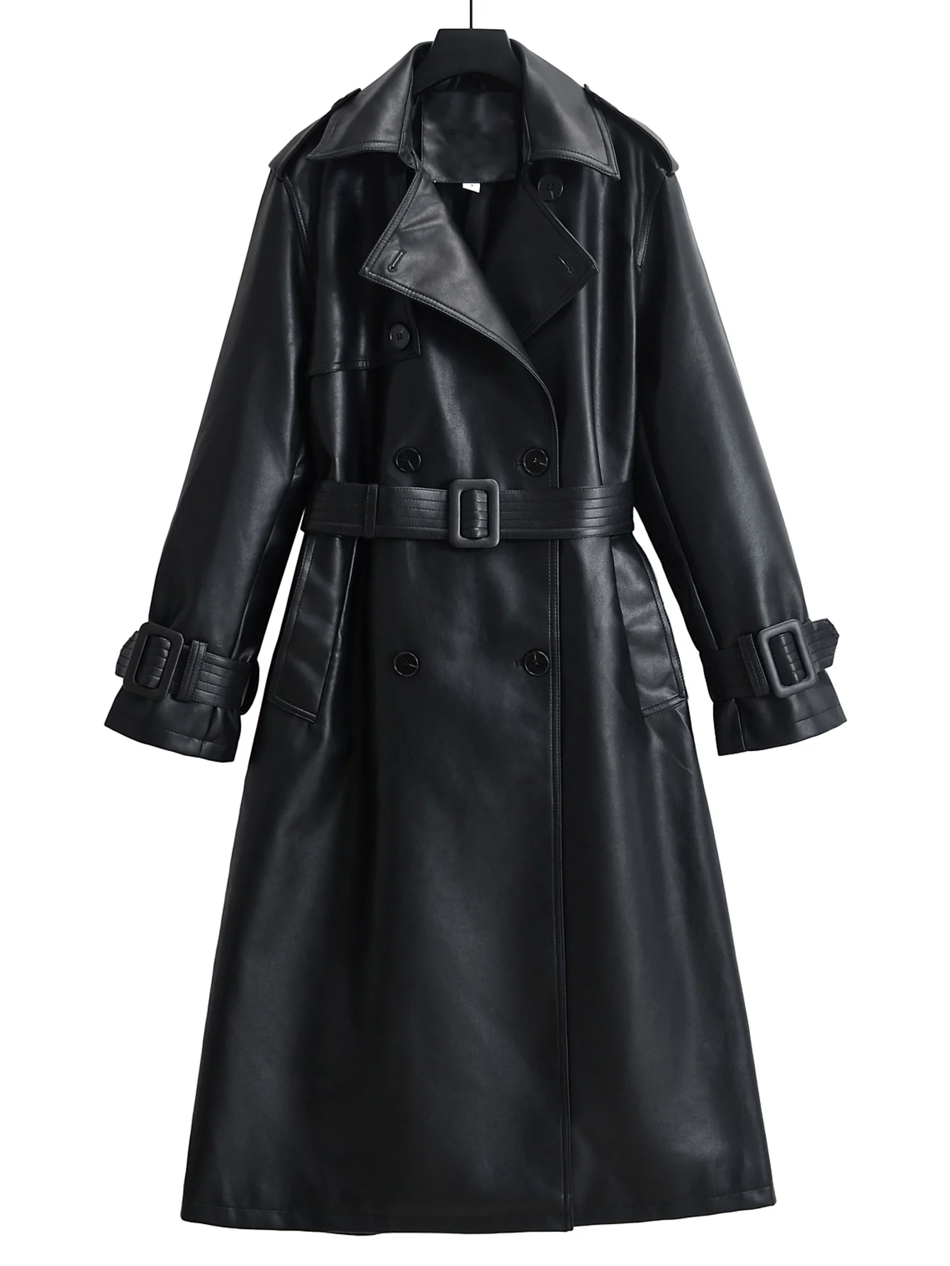 FTLZZ Women Long Faux Leather Jackets Trench Coat Blazer Lapel Open Front with Belt