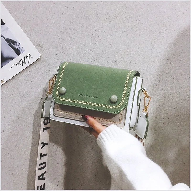 Women 2022 PU Leather Wide Strap Shoulder Bag Ladies Fashion Purses And Handbags Contrast Color Sewing Thread Crossbody Bag For