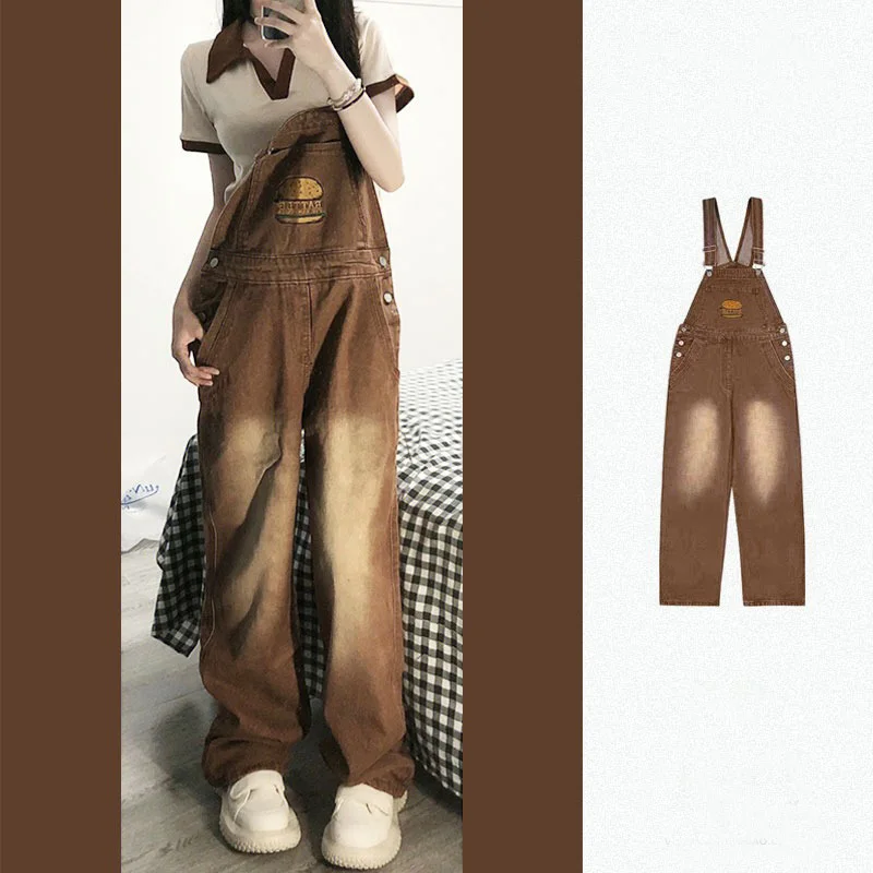 American Vintage Brown Denim Suspender Pants Women Hamburg Embroidery Loose Straight Overalls Fashion Trend Jumpsuit