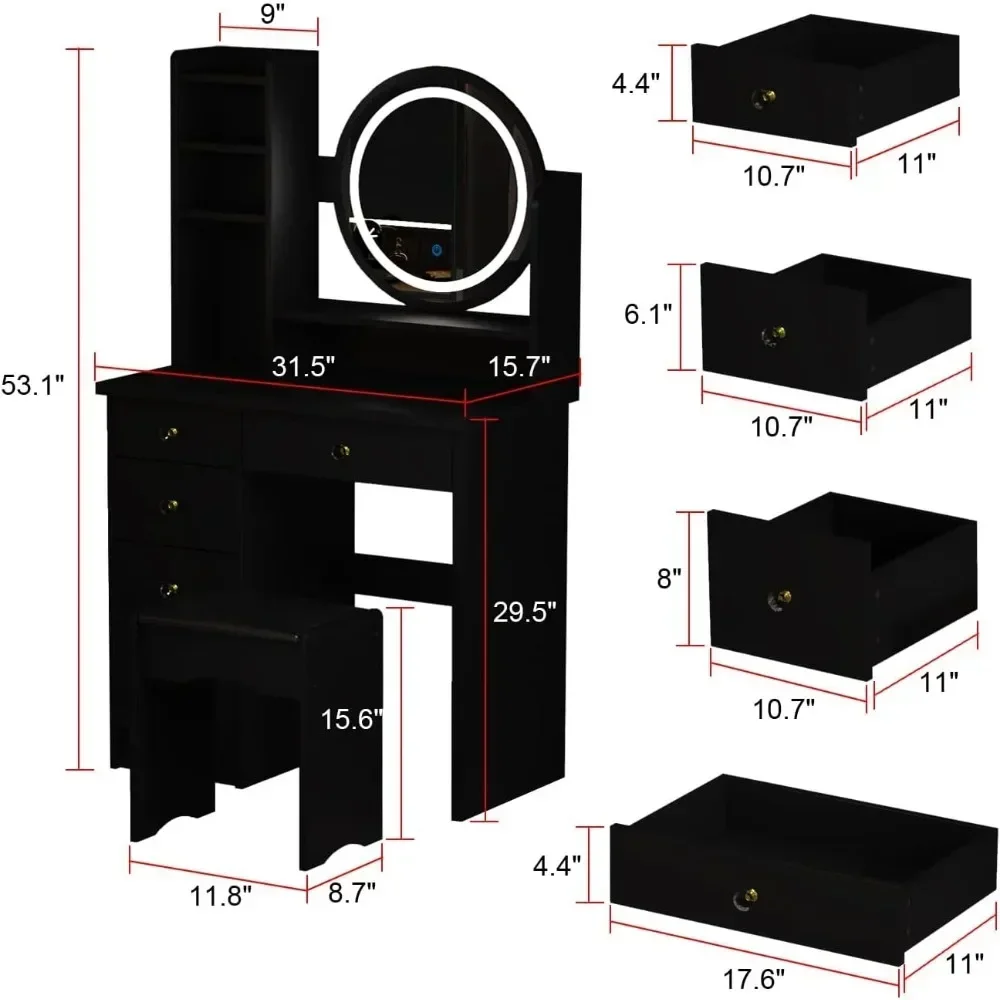 Dresser with Round Mirror Shelf and Upholstered Stool Black Vanity Set with Illuminated Mirror for Bedroom image 5