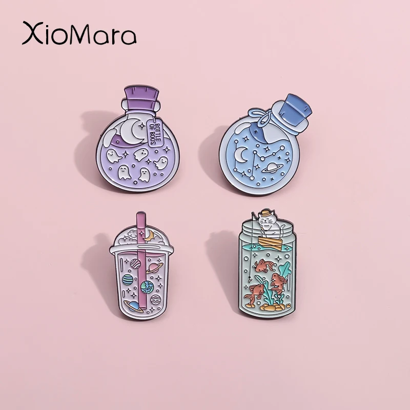 Dream Wishing Bottle Enamel Pins Custom Ghost Constellation Cosmic Planet Cat Fishing Brooches Lapel Badges Jewelry Gift For Kid