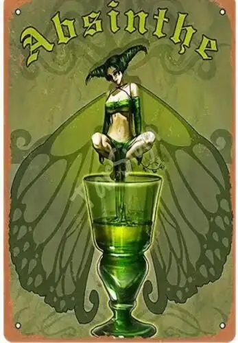 ABSINTHE TIN SIGN GREEN FERRY WITH WINGS HAS HORNS AND WINGS MAN CAVE - BAR ART sign