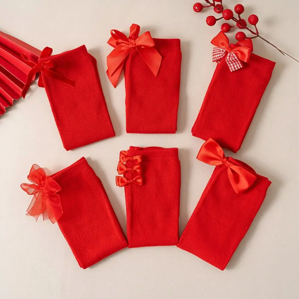 لطيف القطن السنة الجديدة الجوارب الحمراء مريحة الحلو القوس الجوارب للأطفال منتصف أنبوب الأميرة جوارب طويلة إلى الركب الخريف #2