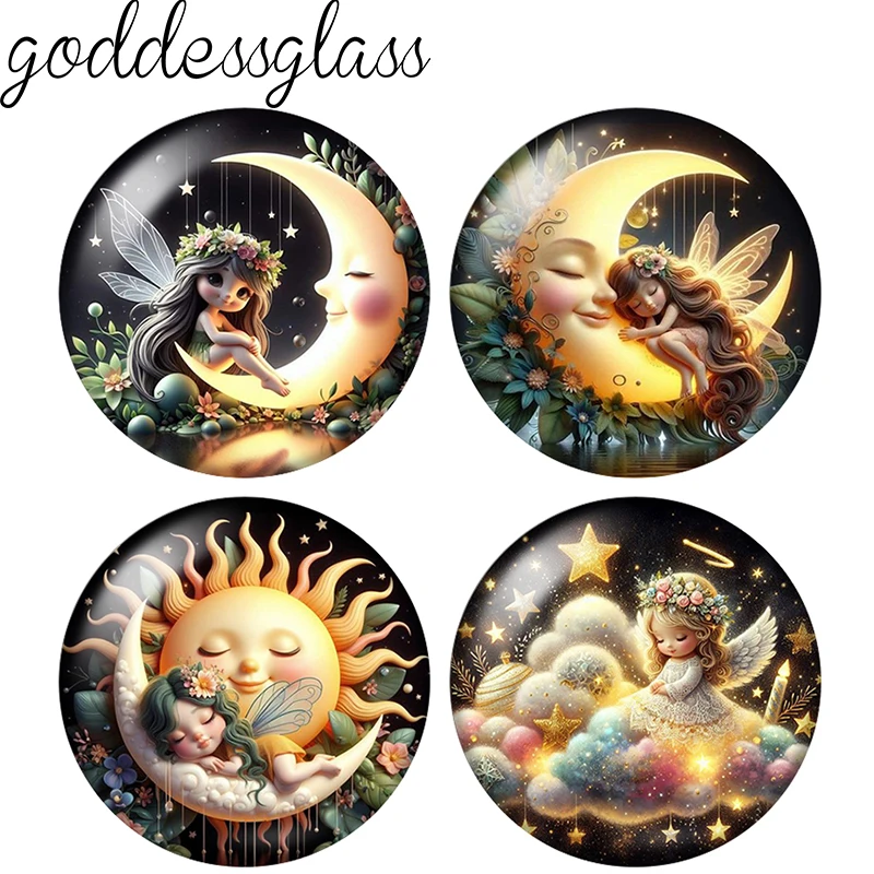 New Moon Sleeping girl Fairy lovely girls 10pcs 12mm/18mm/20mm/25mm Round Photo glass cabochon demo flat back Making findings