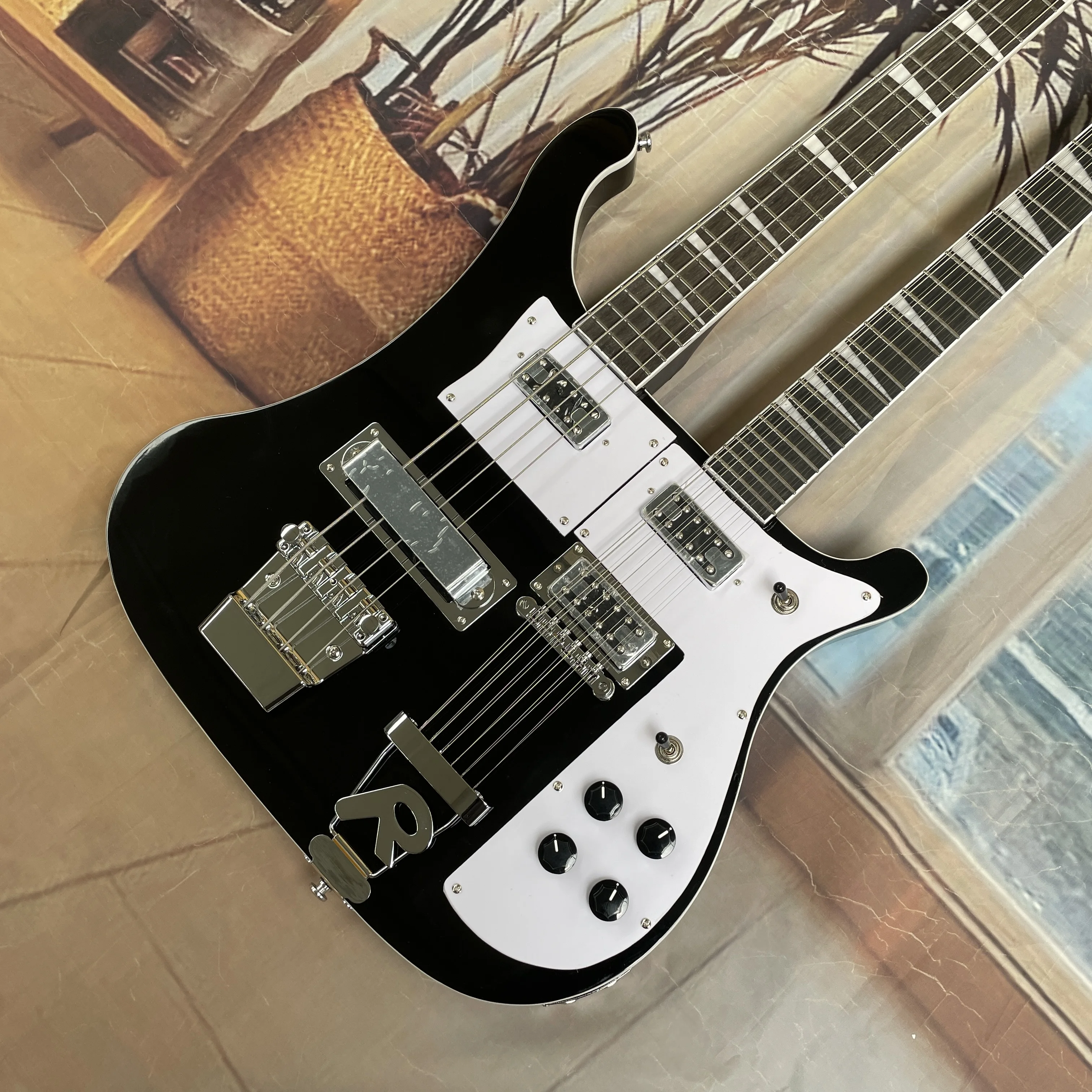 

Black double-neck 4+12-string bass guitar, high appearance level glossy double-neck design guitars, stage performance guitarra