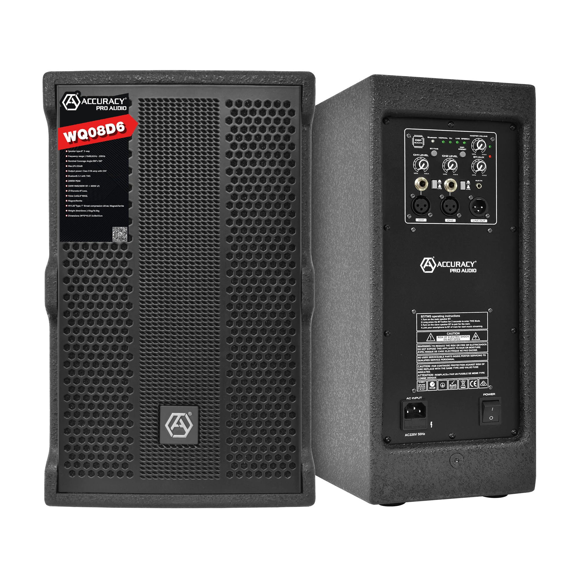 

Акустическая система Rqsonic WQ08D6-2K, 8-дюймовая, профессиональная, для диджеев, для активного отдыха, с Bluetooth.