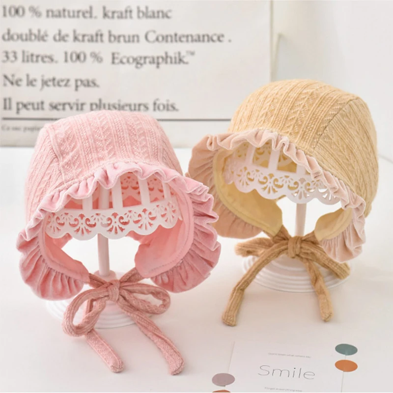 Lace Infant Hats Spring Girl Baby Bonnet Hat Solid Color Cotton Newborn Ear Protection Warm Cap