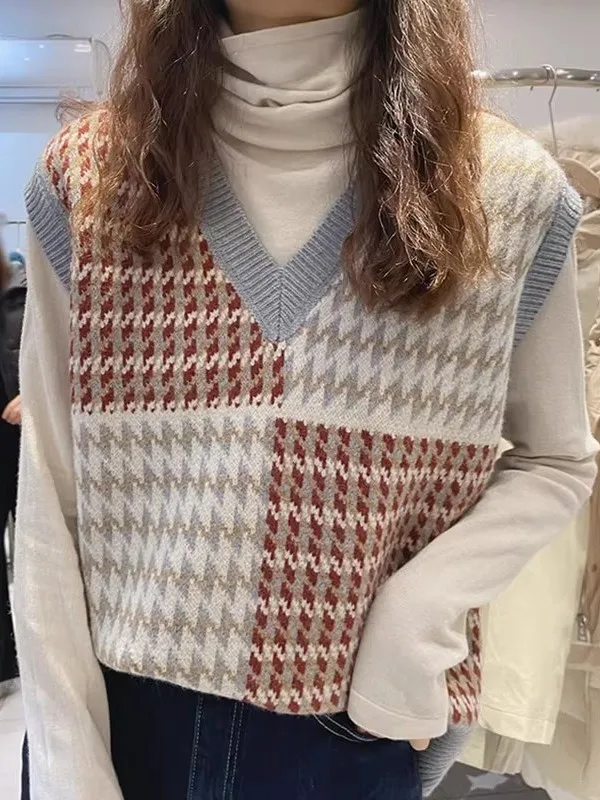 Women's Knitted Sleeveless V-Neck Vest Autumn Style Fashionable Versatile Outerwear Casual Chic Trendy Base Layer Top