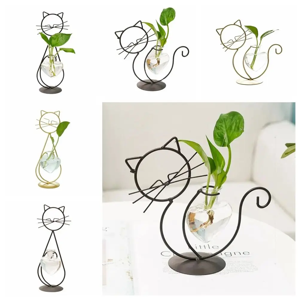 Hand Welded Cat Shape Hydroponic Vases Cute With Metal Holder Heart Glass Vases Iron Anti-breakag Wrought Iron Vase Dining Room