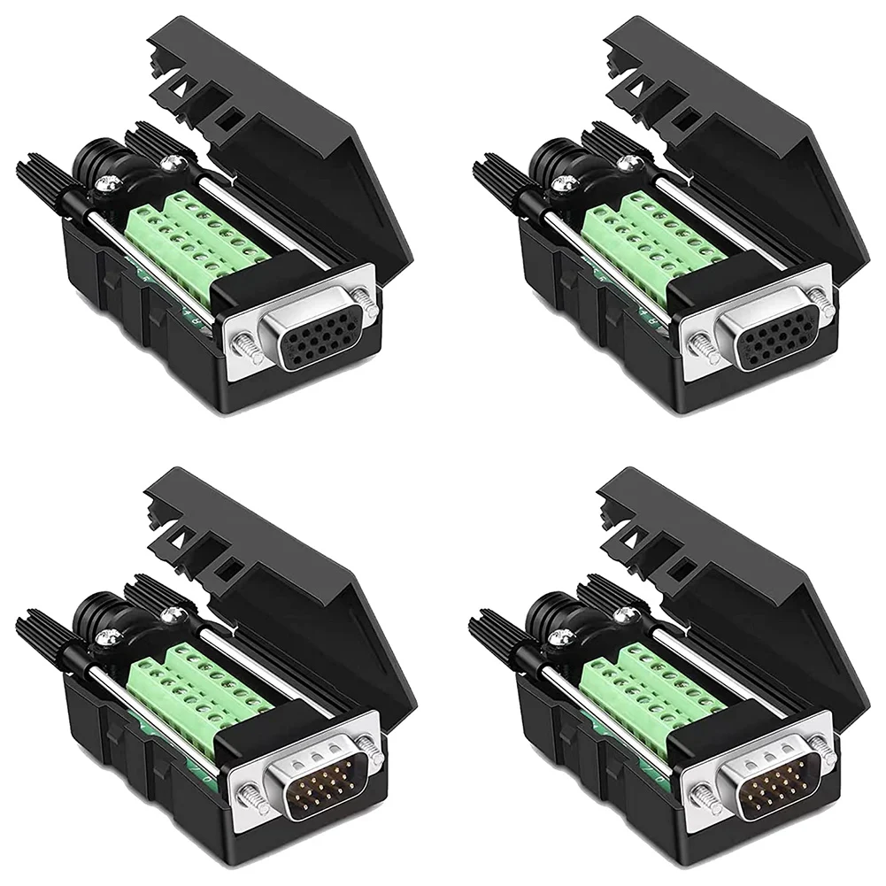 4Packs VGA DB15 3 Row Solderless Male/Female Quick Connector, 3+9 D-SUB 15 Pin Port Terminal Breakout Connector Board