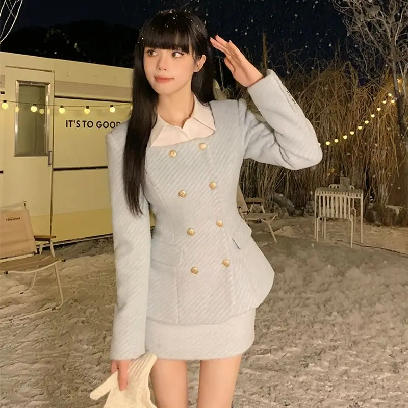 Autumn Winter Skirt Suit Wealthy Daughter Blue Fragrant Suit Woolen Coat Skirt Short Slim Slim Two-Piece Set