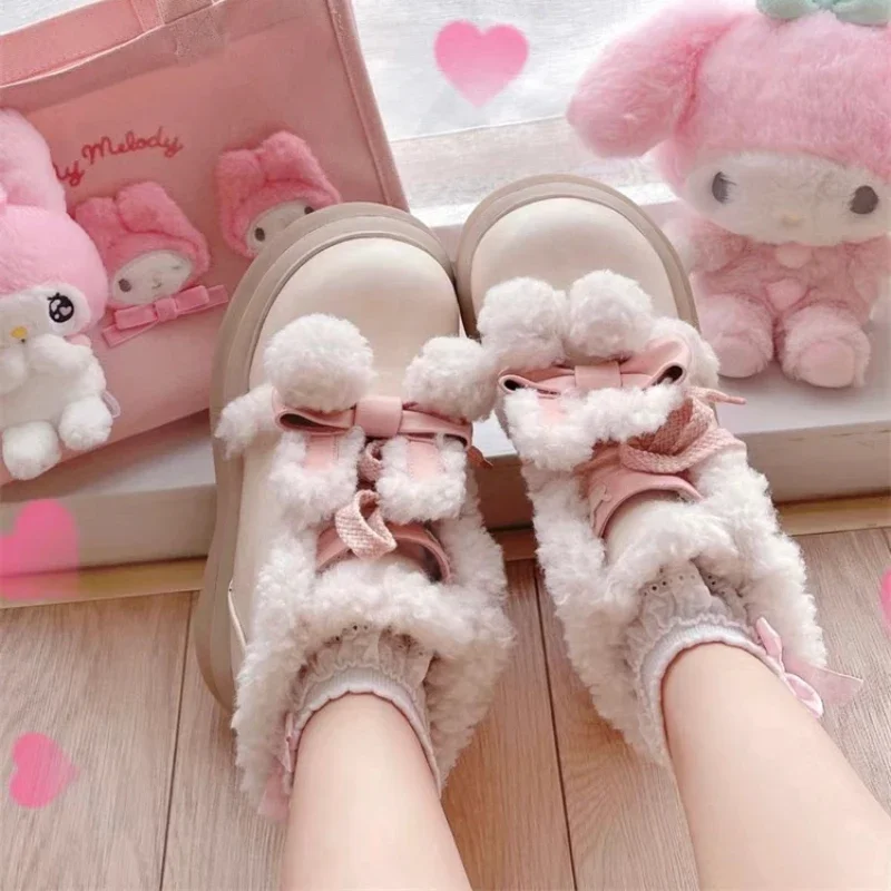 Furry Women\'s Boots 2024 New Winter Plush Warm Lolita Women Shoes Sweet Cute Girl Platform Shoes Waterproof Non-slip Snow Boots