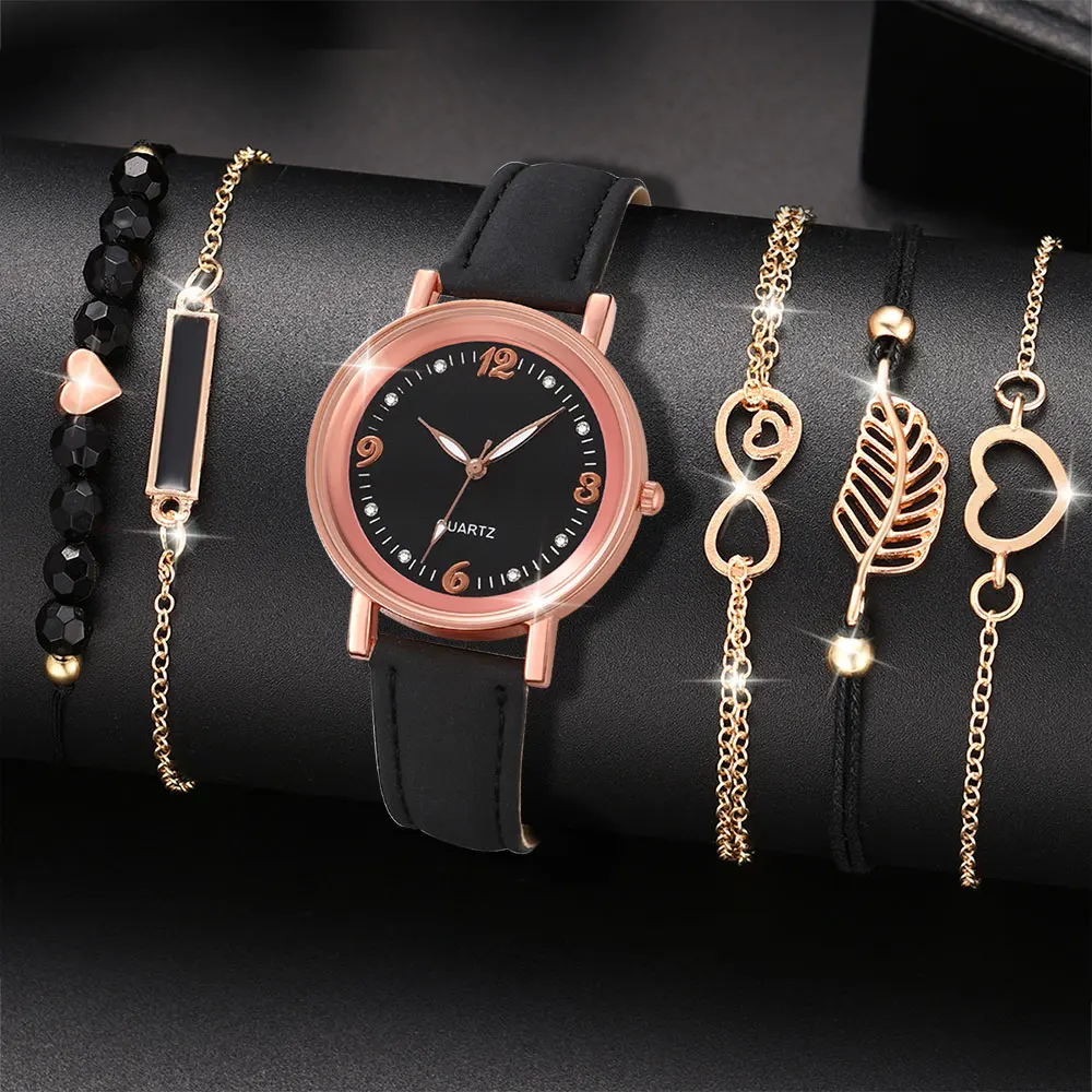 6pcs/set Women's Watch Casual Flower Quartz Watch PU Leather Wrist Watch Bracelets Combination Set Jewelry Gift For Women Girl