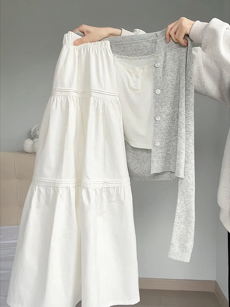 

Emily Clud Recommended White Midi Skirt Women's Elastic Waist A-Line Skirt Draped Ele Full-Length f-length Skirt