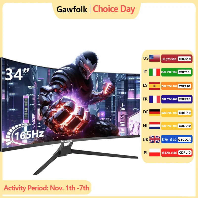 Gawfolk Curved Gaming Monitor 34-inch UWQHD 3440x1440P,  165Hz, 1500R curved computer screen, VA screen panel,Displayport+HDTV