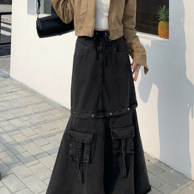 สาวร้อนกระโปรงเอวสูงการออกแบบความรู้สึกอุตสาหกรรมหนัก DENIM ชุดทํางานฤดูใบไม้ผลิและฤดูใบไม้ร่วง Street ชุดสตรี