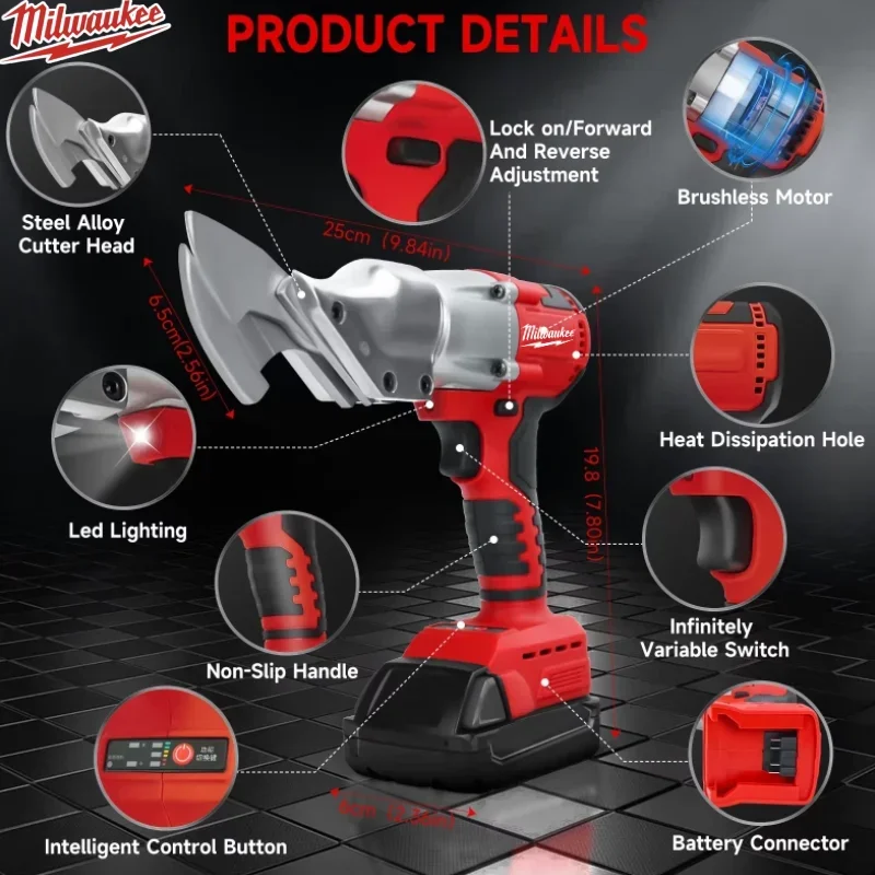 Milwaukee Elektrická žehlička, nůžky, akumulátorové nůžky na kov 400 W, bezkartáčové nůžky na plech, 2 nastavitelné rychlosti s LED světlem, 18 V elektrické nářadí - náhled 6